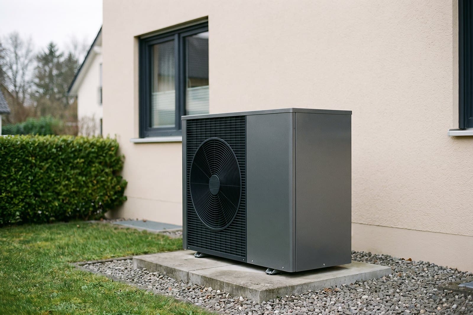 Außeneinheit einer Luft-Wasser-Wärmepumpe auf einem Betonsockel neben einem Wohnhaus